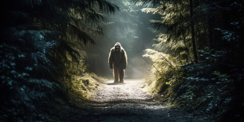 Elusive Encounter: Bigfoot Spotted on Forest Road. Generative AI