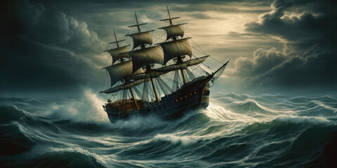 The Tempestuous Battle: A Sailing Ship Struggles Against the Stormy Seas. Generative AI