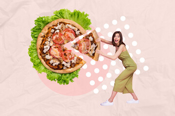 Creative photo collage artwork of young surprised excited woman hold slice tasty fresh lettuce...