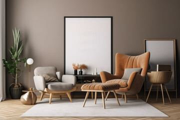 Interior design of living room interior with design armchair, wooden coffee table, mock up poster frame. AI generated