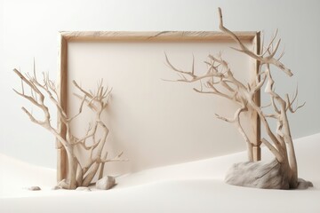 Podium and dry tree twigs branch with white sand beach on white background. AI generated