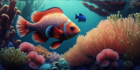 tropical fish and marine corals at the bottom of the sea, generative ai