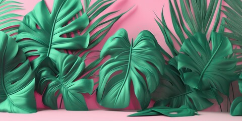 pink spring or summer background with leaves, generative ai