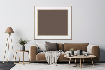 Minimalist composition of living room with brown wooden mock up poster frame. AI generated