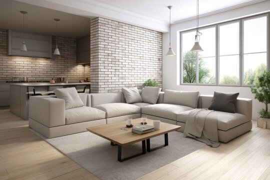 Interior design of modern apartment, living room with corner sofa over the white brick wall. AI generated