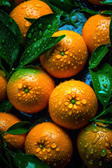 Seamless background many ripe orange tangerines with green leaves visible water drops