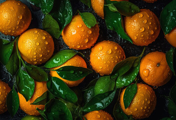 Seamless background many ripe orange tangerines with green leaves visible water drops