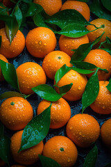 Seamless background many ripe orange tangerines with green leaves visible water drops