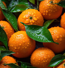 Seamless background many ripe orange tangerines with green leaves visible water drops