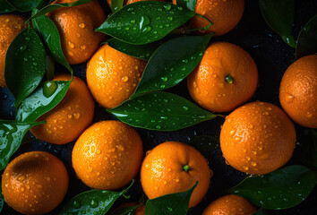 Seamless background many ripe orange tangerines with green leaves visible water drops