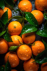 Seamless background many ripe orange tangerines with green leaves visible water drops