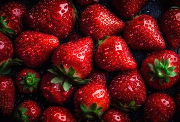 Seamless background many ripe red straqberries visible water drops