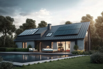 Obraz premium Solar panels on roof of house at architectural background AI generated