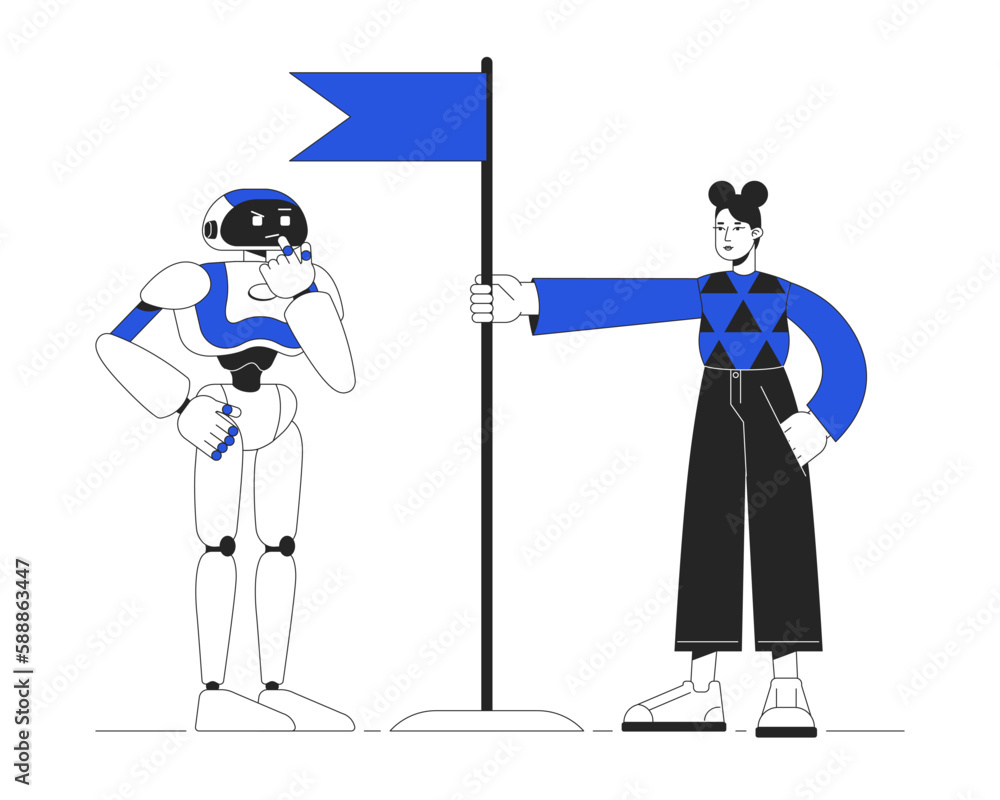 Poster ai bot training duo color line concept vector spot illustration. editable 2d flat duotone cartoon ch