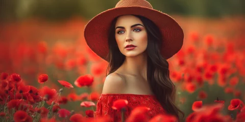 Vlies Fototapete Backstein fashion outdoor photo of beautiful woman with dark hair in elegant red dress and straw hat posing in blooming poppy field, AI