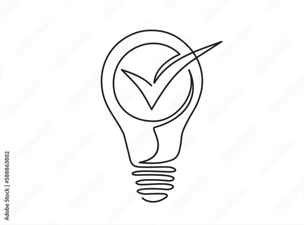 Poster continuous one line drawing of lightbulb with checkmark like quick tip icon. simple lineart style tr