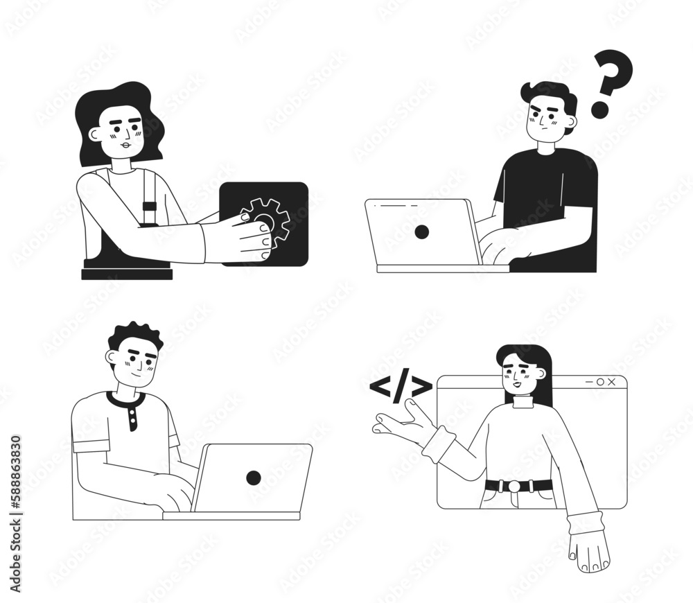 Poster programmers in it industry monochromatic flat vector characters pack. linear hand drawn sketches. ed