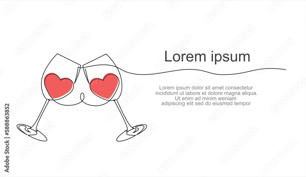 Poster continuous one line drawing of cheers two glasses with wine and hearts. romantic toast concept in li