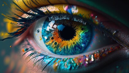 Close-up shot of beautiful female eye with multicolor makeup, Generative AI