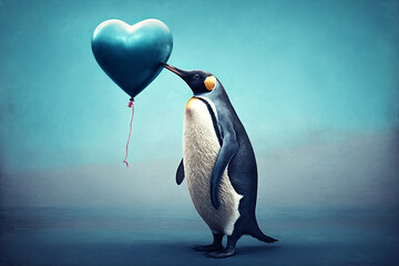 Penguin with blue heart balloon. Generative AI.