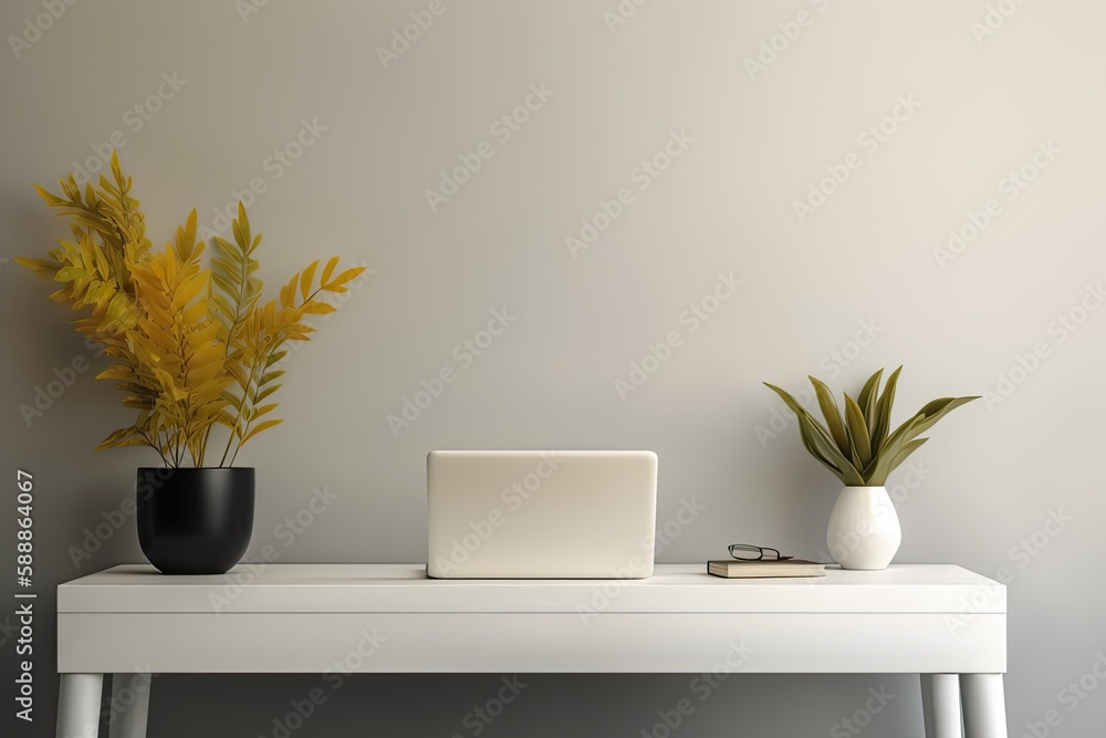 Poster a simple workspace with a white wooden table and a blank laptop is seen from the left. generative ai