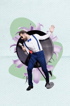 Vertical collage picture of mini classy singer guy hold microphone big vinyl record flower isolated on creative background