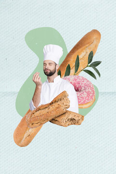 Vertical collage image of cook man hand show italian gourmet gesture fresh baked bread baguette glazed donut plant leaves
