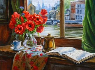 Oil paintings still life with flowers and book, a cup of coffee, poppies in the vase, view from the window on the old port, fine art - 588864687