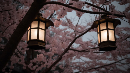 historical Nara, old lit lanterns under gorgeous sakura blossoms. Generative AI.
