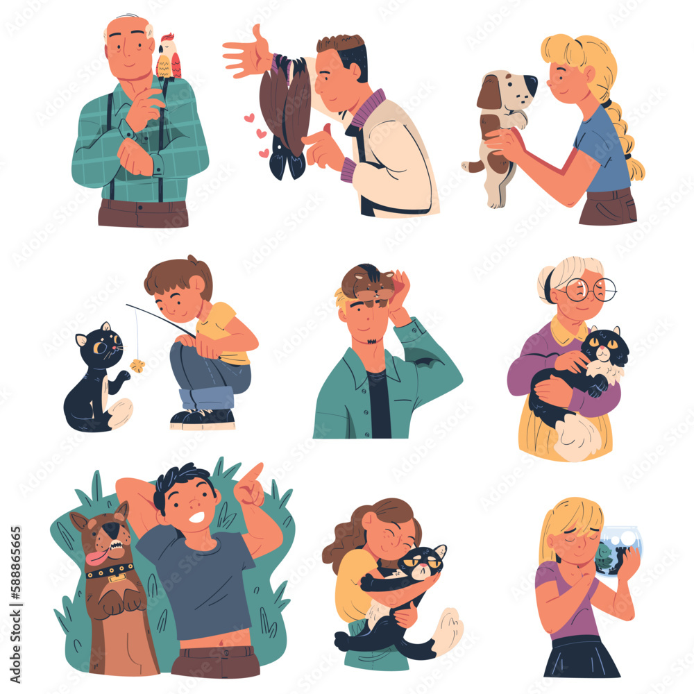 Wall mural People Characters with Their Favorite Pets Cuddling and Loving Them Vector Illustration Set