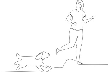 A girl took his puppy outside to play. Walking or playing with dog one-line drawing