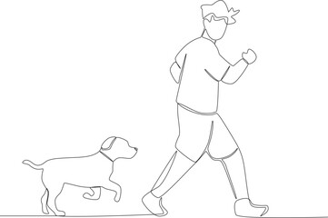 A puppy follows a man to play. Walking or playing with dog one-line drawing