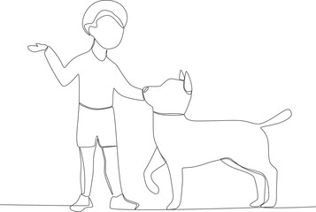 A boy playing while talking to his dog. Walking or playing with dog one-line drawing