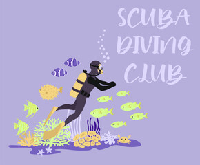 Vector ocean illustration with diver, fish, crab, algae, corals. Scuba diving club - modern lettering.Underwater marine animals.Design for banner,flyer,postcard, website design,poster