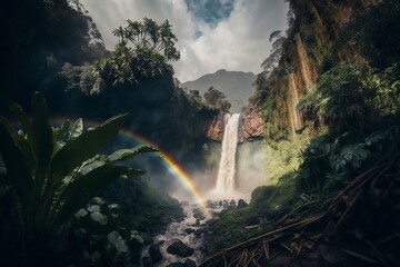 Fototapeta na wymiar Waterfall in the jungle with a rainbow in front. Created using generative AI.