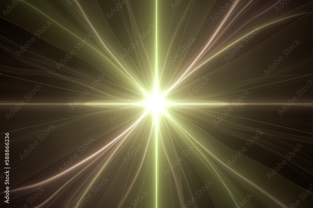 Poster yellow glowing pattern of crooked rays on a black background. abstract fractal 3d rendering