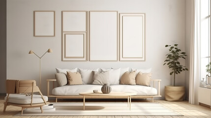 Fototapeta na wymiar Horizontal wooden frame mockup in scandinavian farmhouse living room interior. Generative Ai