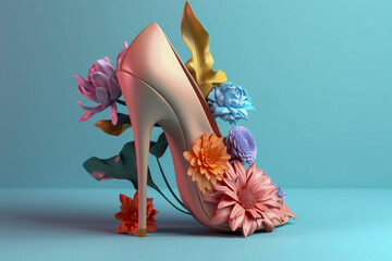 Female shoes with botanical elements. 3d rendering illustration, generative ai background