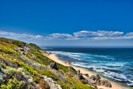 The coast with long beaches and heathland along the Cape to Cape Walk, from Cape Naturaliste to Cape Leeuwin, in the Margaret River region of Western Australia. 
