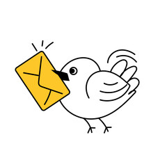 The bird carries an envelope. Chat, contacts, messages. Thin line cute vector illustration isolated on white background