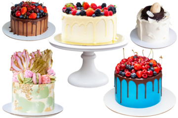 Assortment of different beautiful colorful cakes, isolated on white background