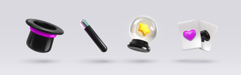 Vector magic hat, wand, playing cards and magical ball 3d cartoon icon set. Circus mystery objects collection on light background