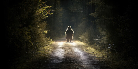 Observation of a bigfoot on a wooded road. Generative AI
