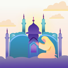 Islamic faith banner design. A devout Muslims pray namaz or salah as he faces the sunset, set against a mosque silhouette in the background. Vector.