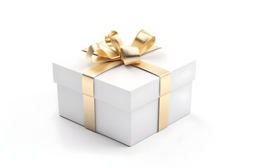 White gift box with a golden bow isolated on white background, close up view. Generative AI.