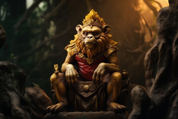 Fototapeta premium King monkey in the jungle or forest with powerful angry look. Hindu or hinduims monkey god concept representation. Dominating primate chimp character. Ai generated