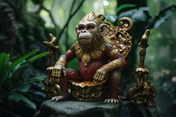 King monkey in the jungle or forest with powerful angry look. Hindu or hinduims monkey god concept representation. Dominating primate chimp character. Ai generated
