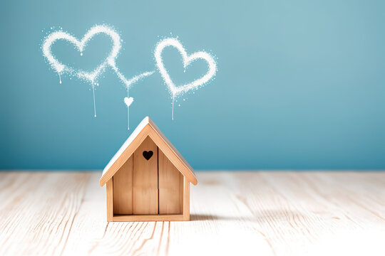 Miniature model of a wooden house with hearts, real estate concept. Generative AI.