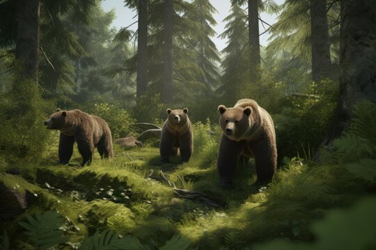 Group of bears in sunny forest. Generate Ai