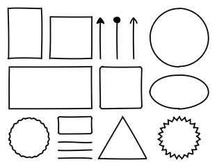 Hand Drawn Black Highlighter Frames, Arrows and Lines Set. Doodle scribble pencil, pen or marker sketch square, circle, triangle attention elements. (Full Vector)
